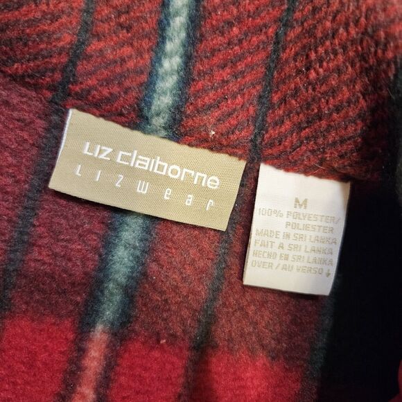 Vtg Liz Claiborne Fleece Shacket Womens M Plaid Jacket Cabincore Cottage Red Grn - Picture 6 of 8
